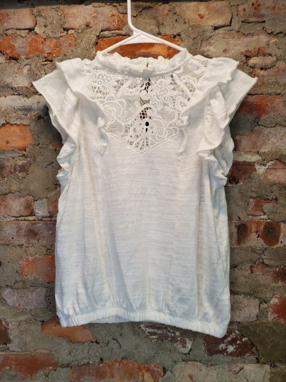 Express Womens White Small Ruffle Sleeve Lace High Neck Keyhole Back Blouse Top